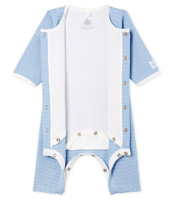 Bodyjama senza piedi bebè femmina a costine blu ACIER/bianco MARSHMALLOW