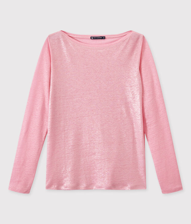 T-shirt donna a maniche lunghe in lino iridescente rosa/grigio