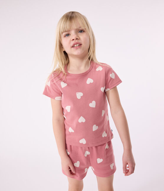 Pigiama corto in cotone a cuori bambina rosa ROSEWOOD/ MARSHMALLOW