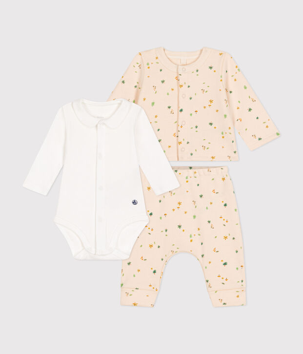 Set di 3 pezzi in tessuto felpato neonato ecru/multicolore