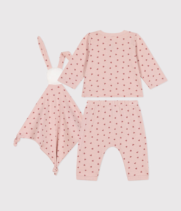Cofanetto comprendente cardigan, pantaloni e doudou in cotone neonato rosa/rosa