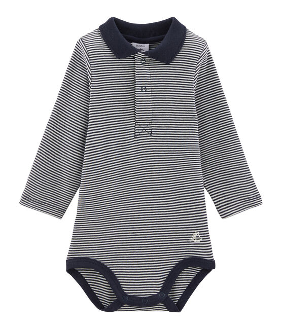 Body manica lunga bebè maschietto con colletto a polo blu SMOKING/bianco LAIT