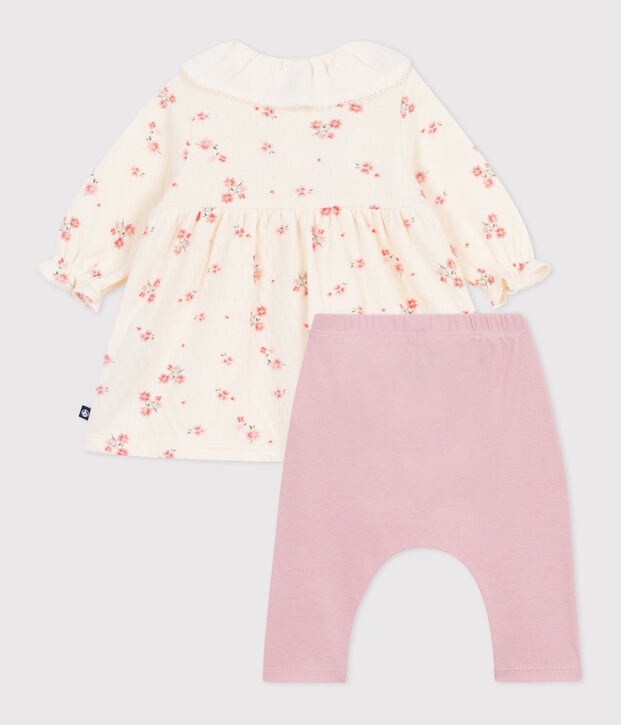 Abito con colletto e stampa a fiori, leggings in cotone neonato ecru/multicolore