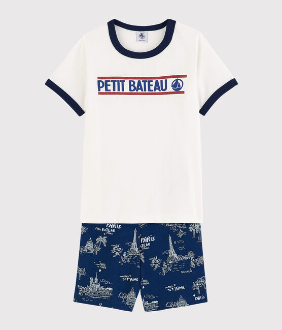 Pigiama corto tela di Jouy Parigi bambino in cotone blu MEDIEVAL/bianco MULTICO