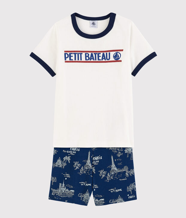 Pigiama corto tela di Jouy Parigi bambino in cotone blu/multicolore