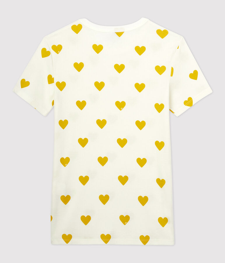 T-shirt girocollo a cuori in cotone Donna bianco MARSHMALLOW/giallo OCRE