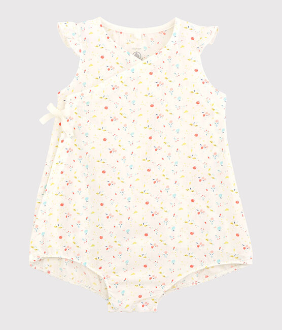 Tuta corta a fiori bebè femmina ordito e trama in cotone biologico bianco MARSHMALLOW/bianco MULTICO