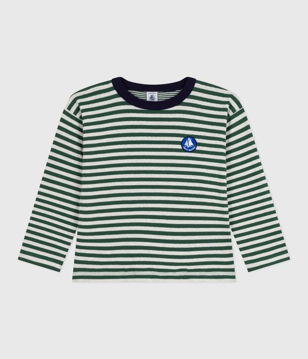T-shirt a maniche lunghe in cotone a righe bambino verde/beige/verde
