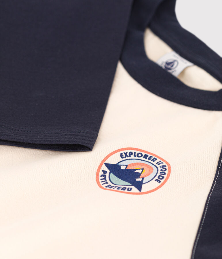 T-shirt a maniche lunghe in cotone bambino ecru/blu