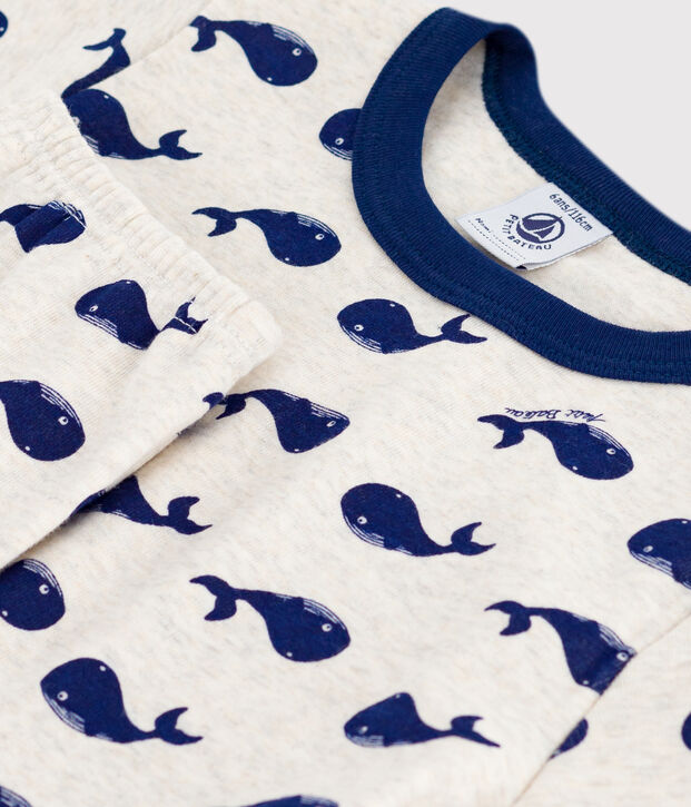 Pigiama a maniche corte e gamba lunga in cotone con stampa bambina beige/blu