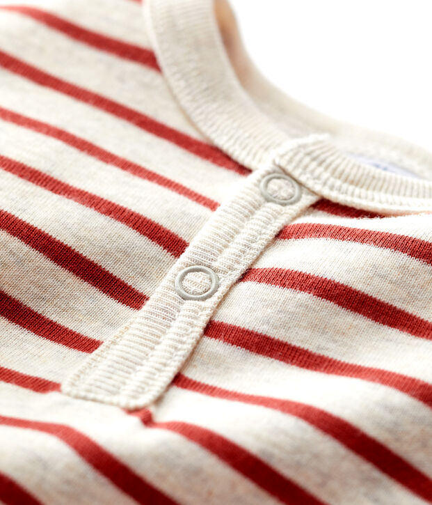 Body beb&egrave; con scollo serafino in cotone biologico a righe beige/marrone