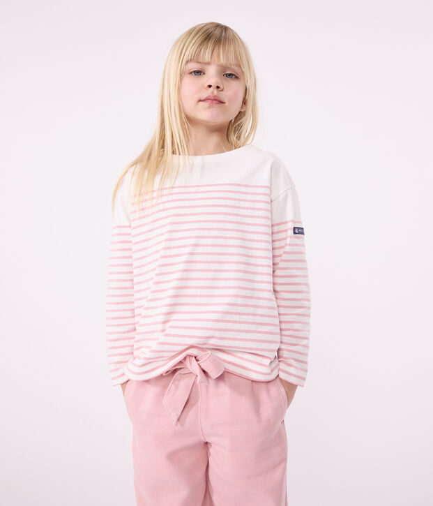 Marini&egrave;re a maniche lunghe in cotone bambino bianco/rosa
