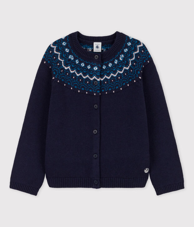 Cardigan bambina in lana e cotone blu/multicolore