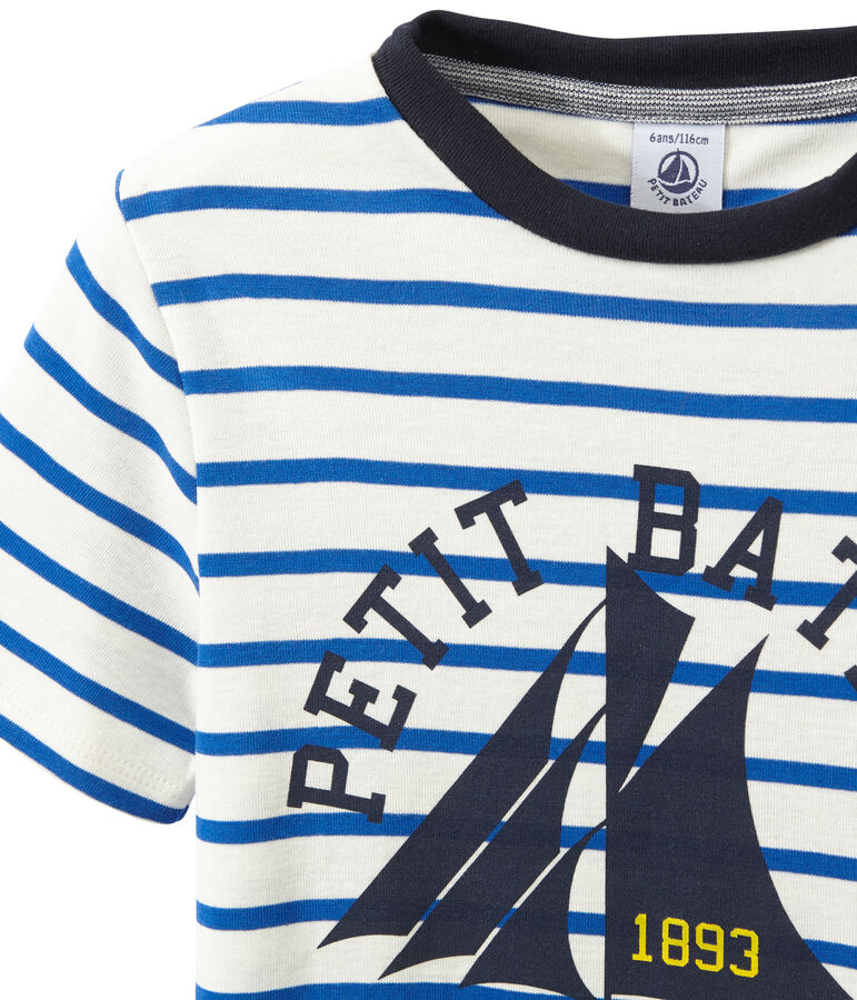 T-shirt bambino rigata stampata bianco/blu