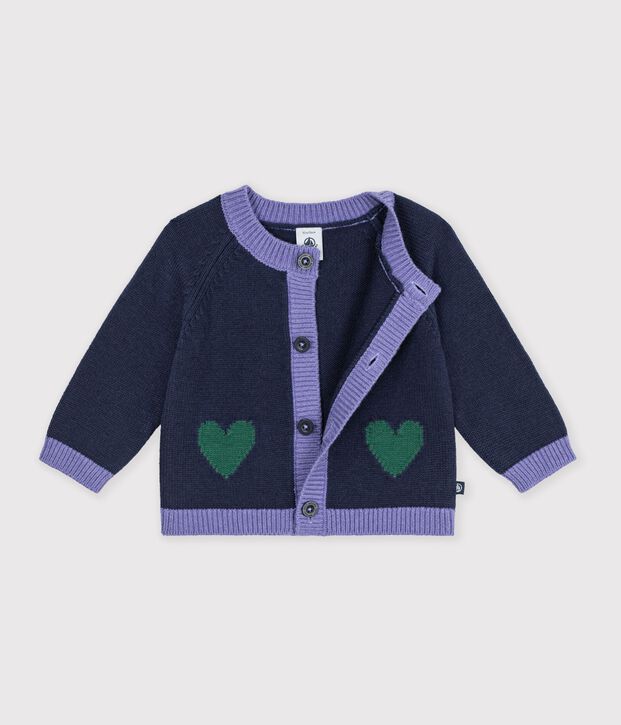Cardigan in maglia di misto lana e cotone con motivo jacquard a cuori neonata blu/multicolore
