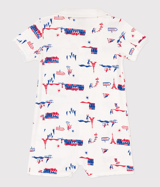 Tutina corta fantasia Parigi beb&egrave; in cotone bianco/multicolore