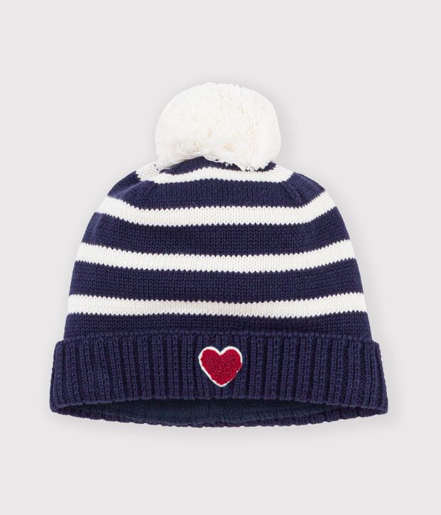 Cuffietta in maglia a righe foderata in pile neonato blu/ecru