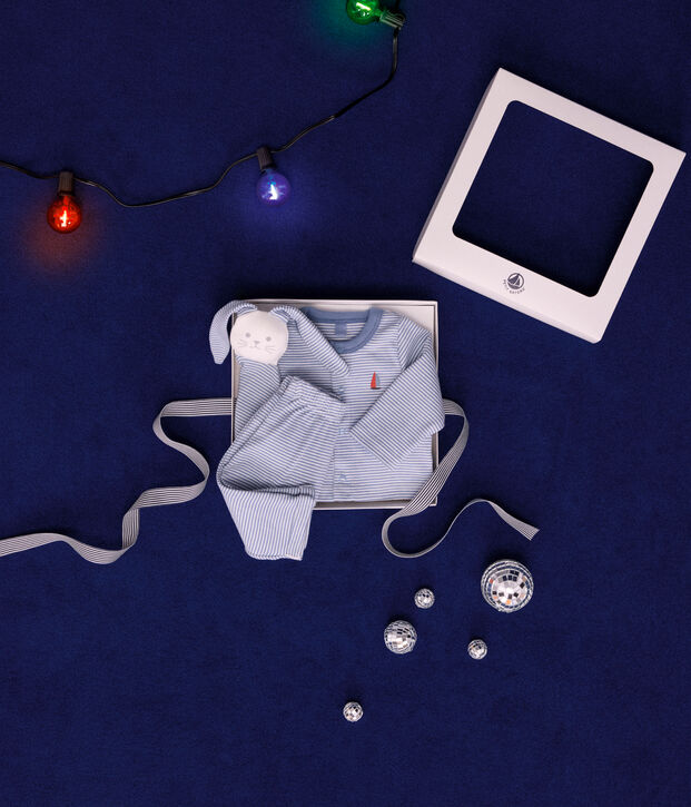 Set 3 pezzi in cotone neonato blu/bianco