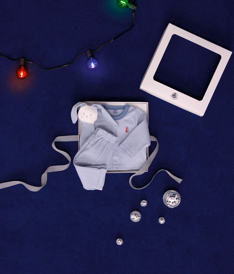 Set 3 pezzi in cotone neonato blu/bianco