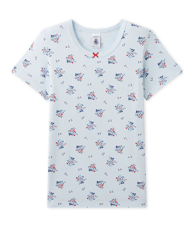 T-shirt per bambina stampata in jersey stretch blu/multicolore
