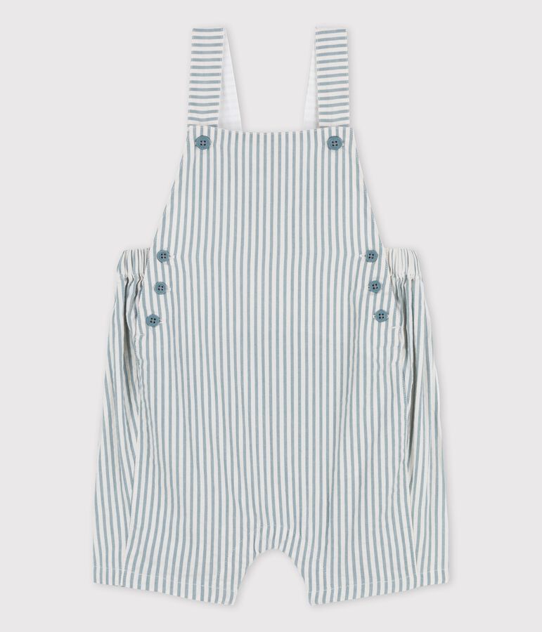 Salopette corta beb&egrave; in seersucker verde/bianco