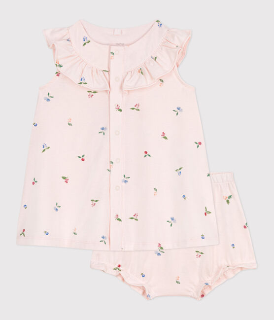 Abito neonato a maniche corte in cotone e bloomer con stampa di frutti rosa FLEUR/bianco MULTICO