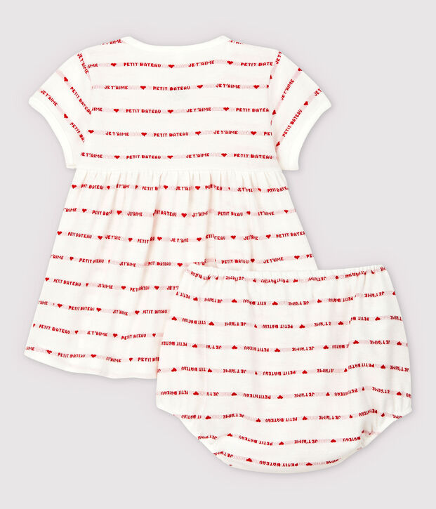Abito manica corta con bloomer beb&egrave; femmina in jacquard di cotone biologico bianco/rosso
