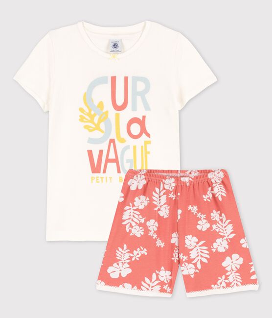 Pigiama corto fantasia hawaiana rosa bambina in cotone bianco MARSHMALLOW/ PAPAYE