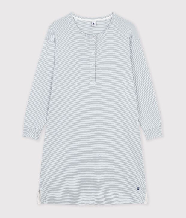Camicia da notte con collo alla coreana in cotone a righe donna grigio/bianco