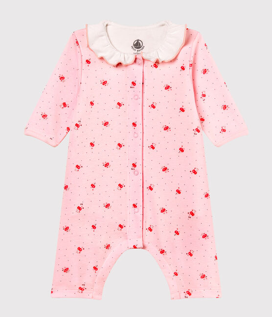 Bodyjama senza piedi bebè femmina a costina 1x1 fantasia rosa VIENNE/bianco MULTICO