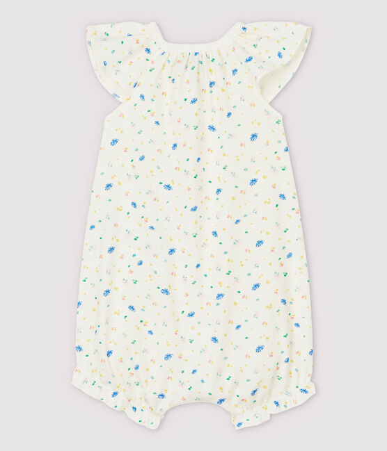 Tuta corta a fiorellini bebè in cotone e lino bianco MARSHMALLOW/bianco MULTICO