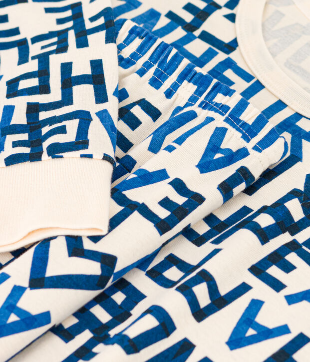 Pigiama bambino in cotone con parole blu ecru/multicolore