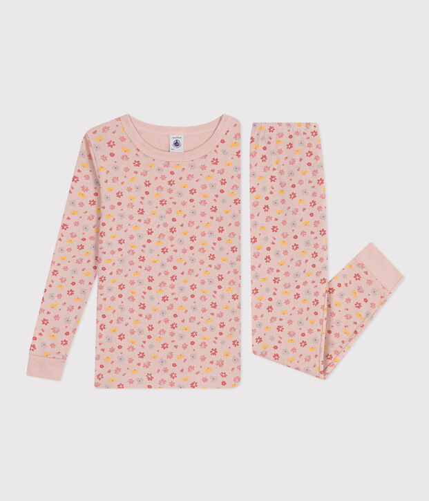 Pigiama bambino aderente in cotone con stampa a fiori rosa/bianco