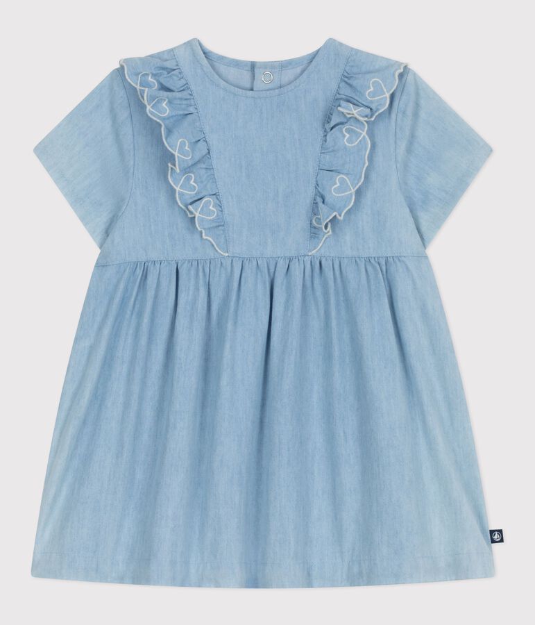 Abito a maniche corte in chambray di cotone con cuori ricamati neonata blu
