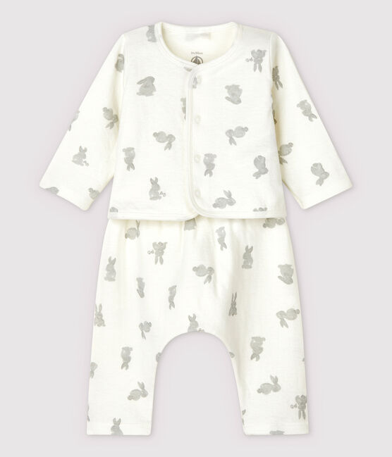 Completo 2 pezzi bianco con conigli bebè in tubique di cotone biologico bianco MARSHMALLOW/grigio GRIS
