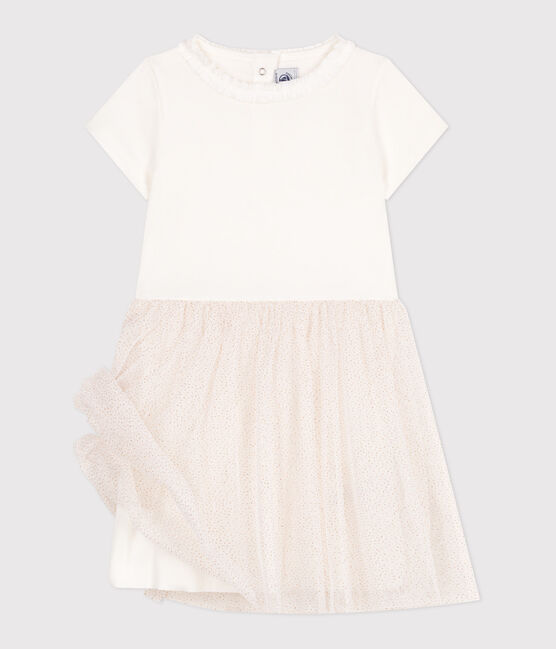 Abito a maniche corte in cotone e tulle bambina bianco MARSHMALLOW/rosa COPPER