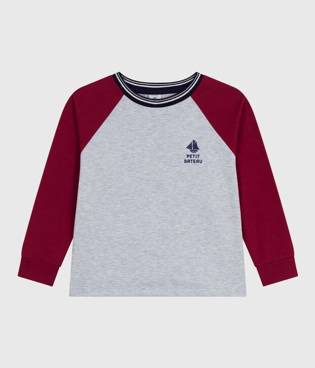 T-shirt a maniche lunghe in cotone tinta unita bambino grigio/rosso