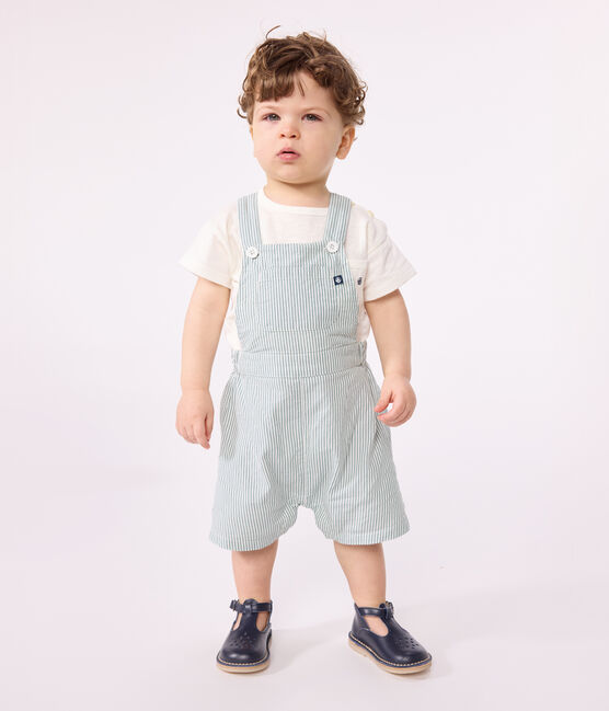 Salopette corta in cotone a righe neonato bianco MARSHMALLOW/blu BRUT