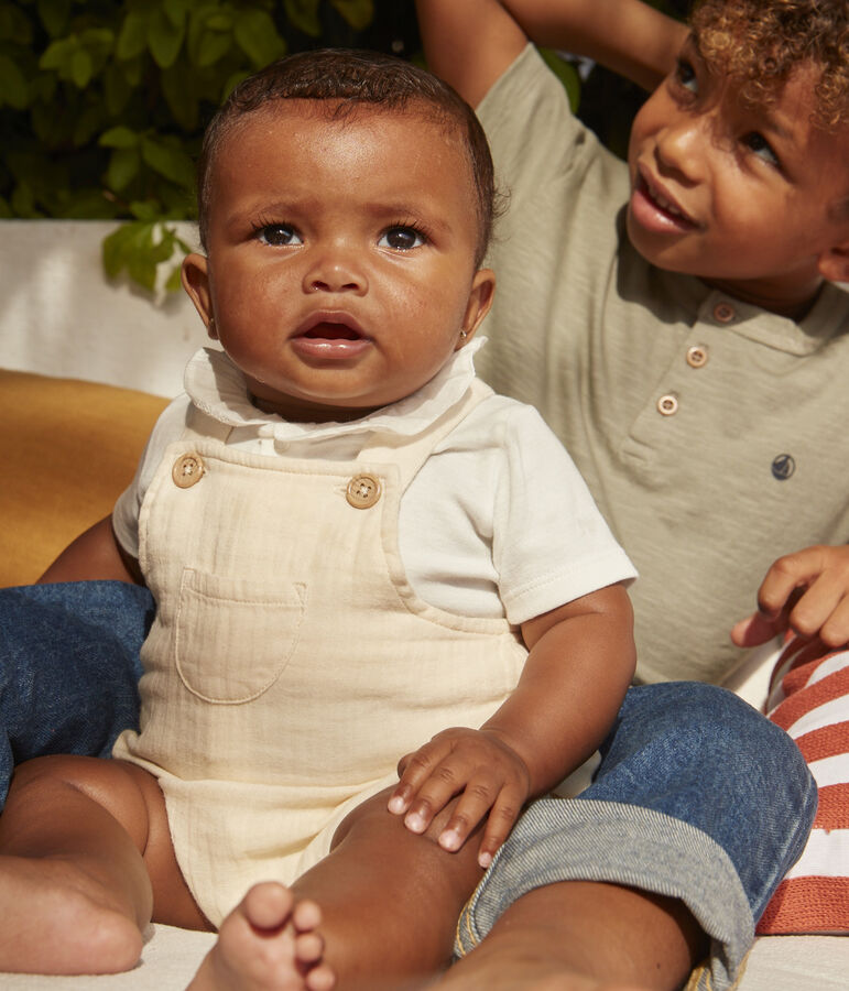 Salopette corta in garza di cotone beb&egrave; ecru