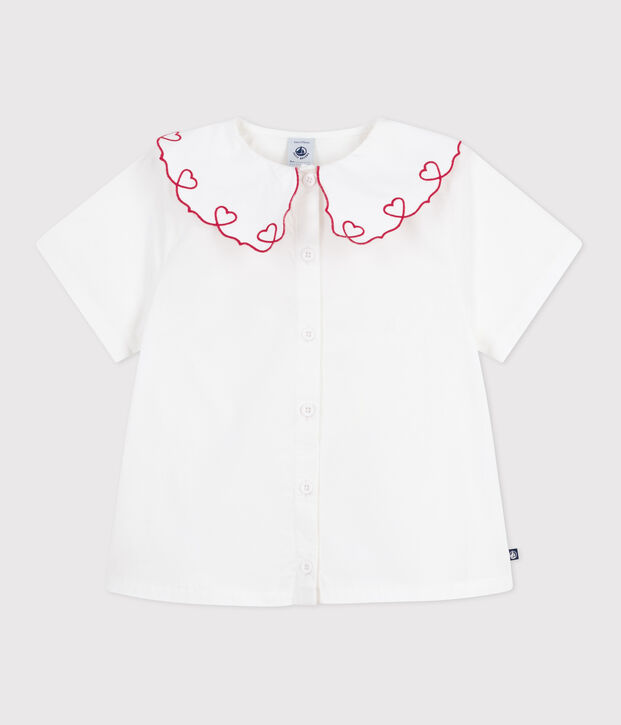Blusa a maniche corte in popeline di cotone tinta unita bambina bianco