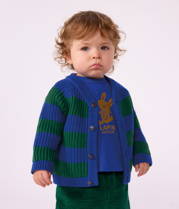 Cardigan in maglia di misto lana e cotone a righe neonato multicolore/verde