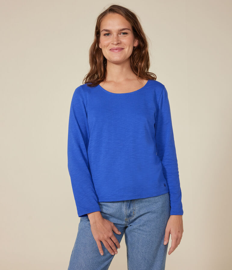 T-shirt Regular a maniche lunghe con scollo rotondo in jersey flamm&eacute; donna blu