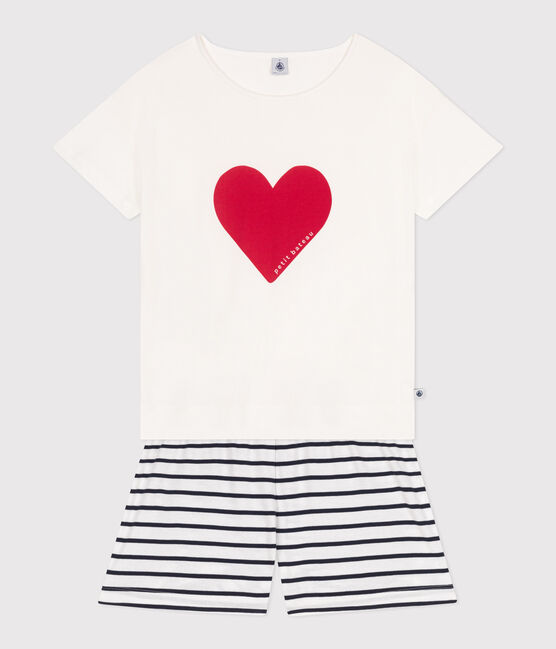Pigiama corto in cotone con stampa a cuori donna bianco MARSHMALLOW/blu SMOKING
