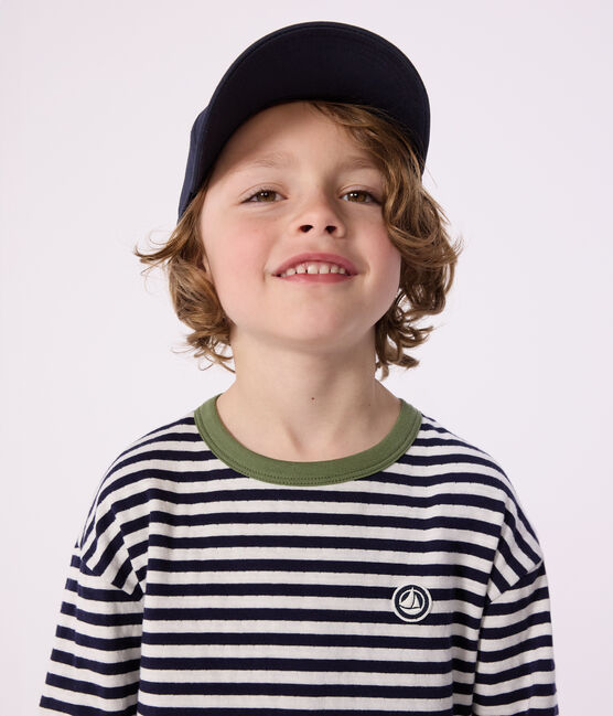 T-shirt a maniche lunghe in cotone a righe bambino blu SOIR/ MILK