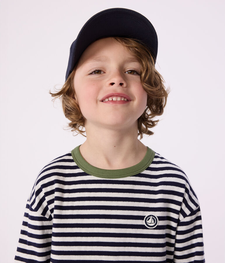 T-shirt a maniche lunghe in cotone a righe bambino blu/ecru