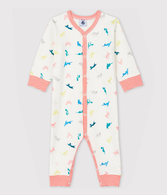 Tutina pigiama senza piedi gatti  bebè in costina bianco MARSHMALLOW/bianco MULTICO
