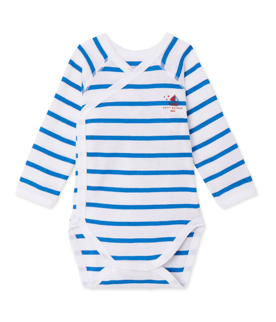 Body nascita bebè bambino a maniche lunghe rigato bianco ECUME/blu DELPHINIUM