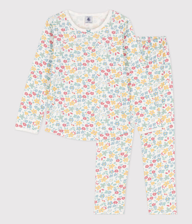 Pigiama bambina in cotone a fiori bianco/multicolore