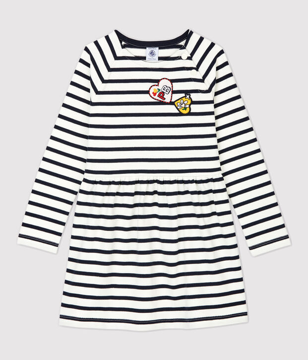 Abito bambina a maniche lunghe in cotone bianco/blu