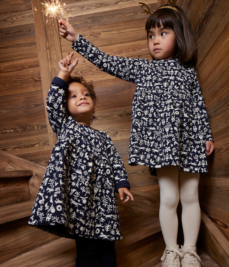 Abito a maniche lunghe in tubique fantasia bambina blu/ecru